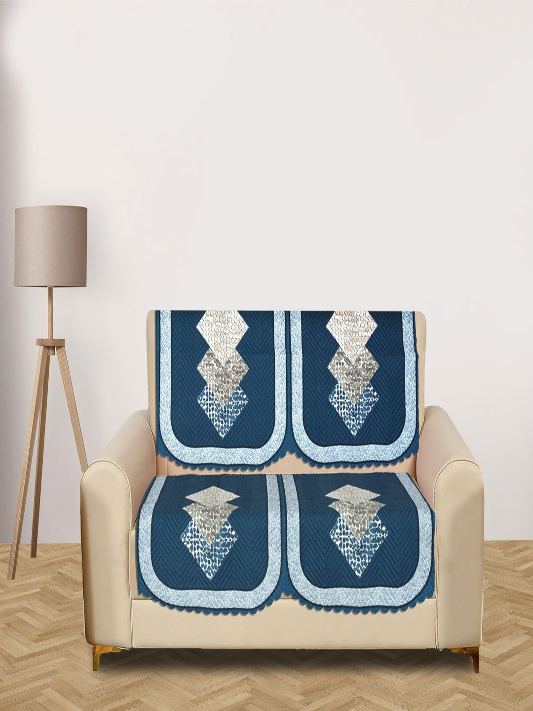 Myntra Elegant Homes Blue & Grey 4 Pieces Printed 2 Seater Velvet Sofa Cover-picture-27