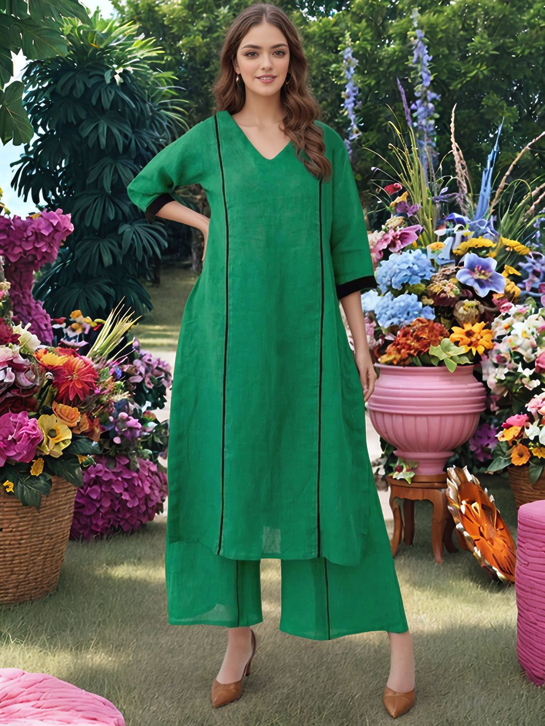 GoSriKi Women V-Neck Straight Kurta with Palazzos