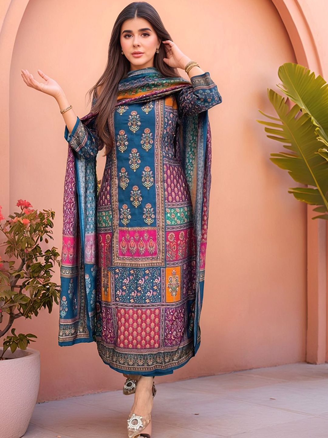 GoSriKi Ethnic Motifs Printed Round Neck Straight Kurta & Trousers With Dupatta