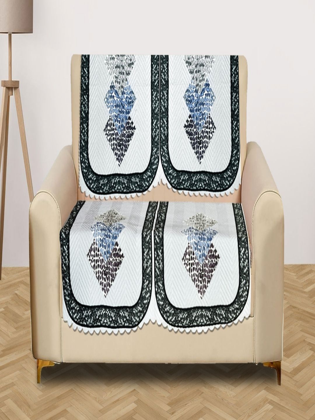 Myntra Elegant Homes White & Blue 2 Seater Printed Velvet Sofa Cover-picture-18