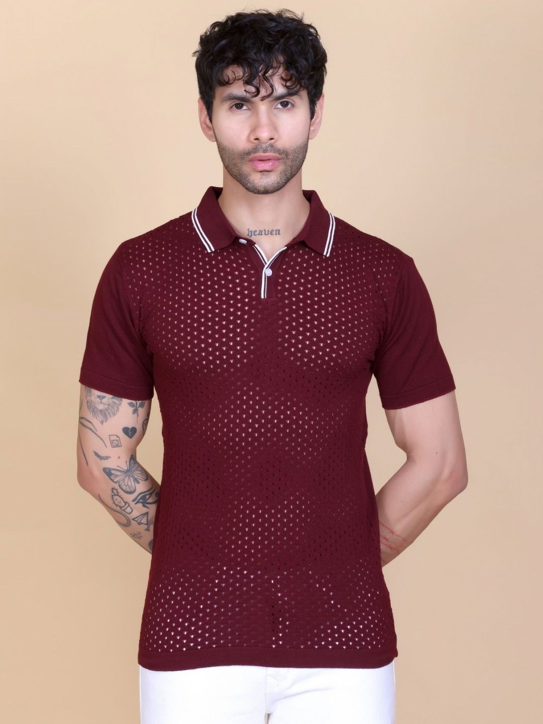 Dzant Self Design Polo Collar Neck Short Sleeves Organic Cotton T-shirt-image-16