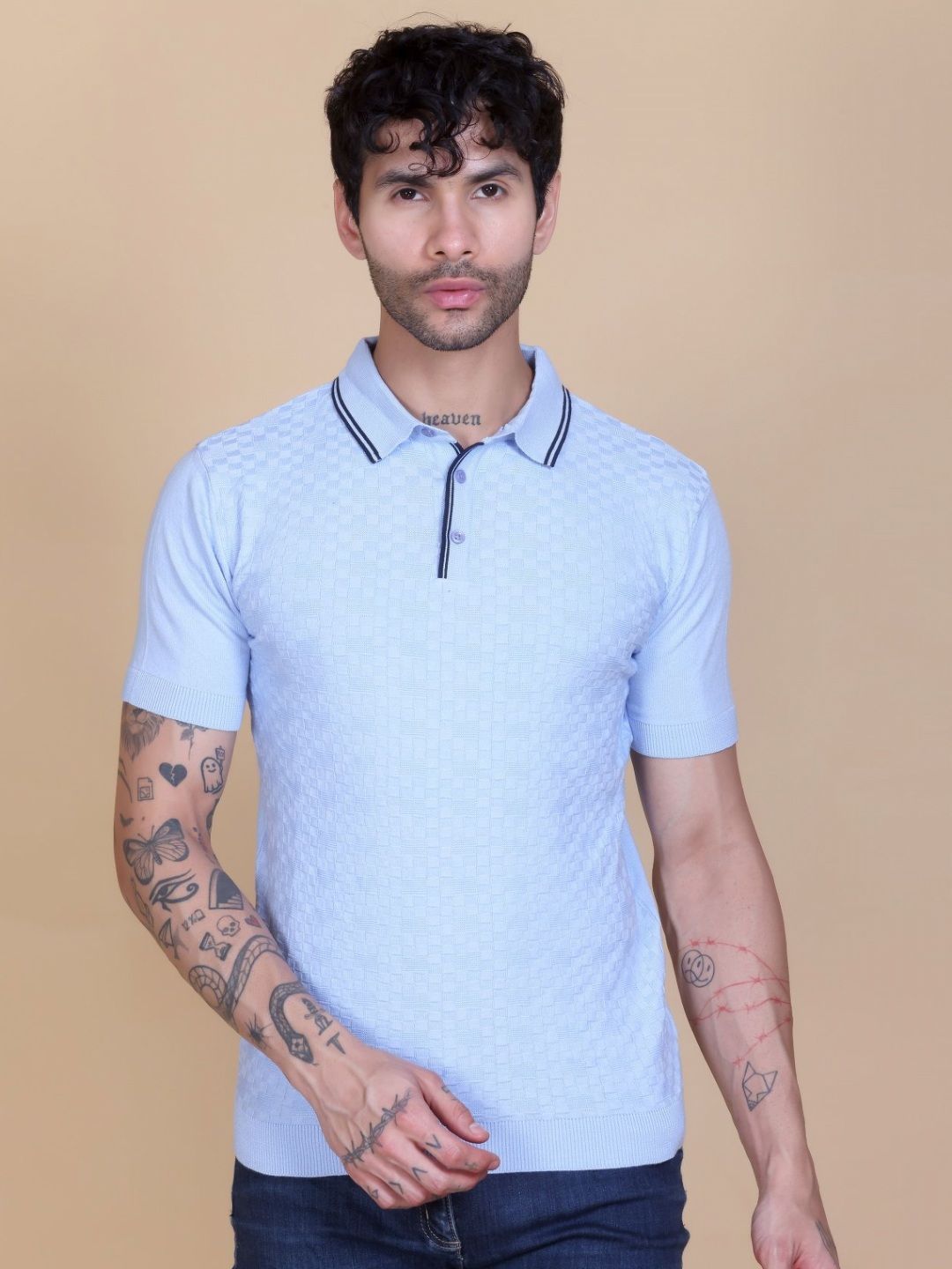 Dzant Self Design Polo Collar Neck Short Sleeves Organic Cotton T-shirt-image-13