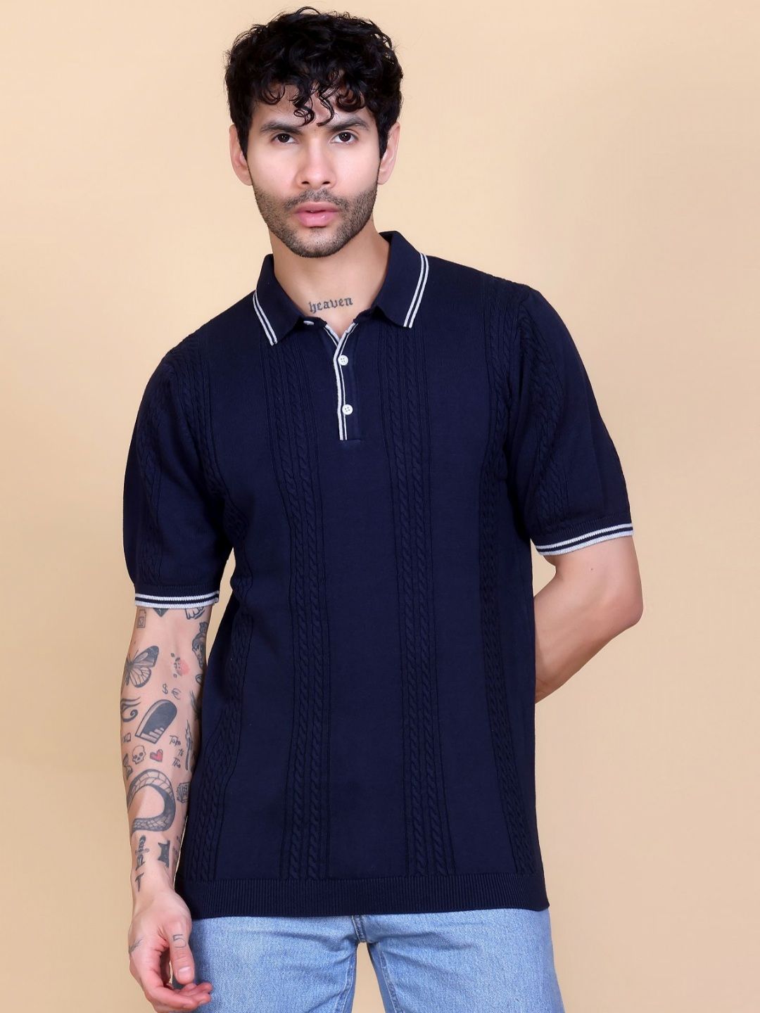 Dzant Self Design Polo Collar Neck Short Sleeves Organic Cotton T-shirt-image-21