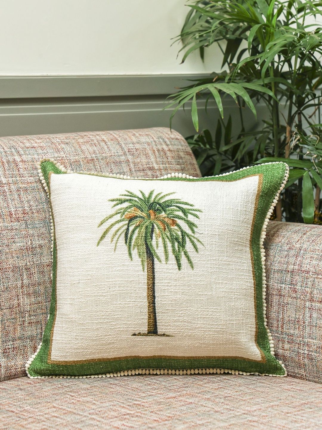 Crown of Poppies White & Green Palm Printed Cotton Square Cushion Cover-picture-39