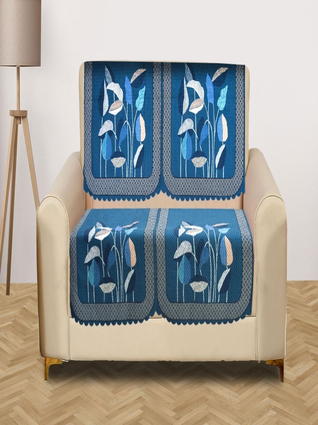 Myntra Elegant Homes Blue & White 2 Seater Printed Velvet Sofa Cover-image-20