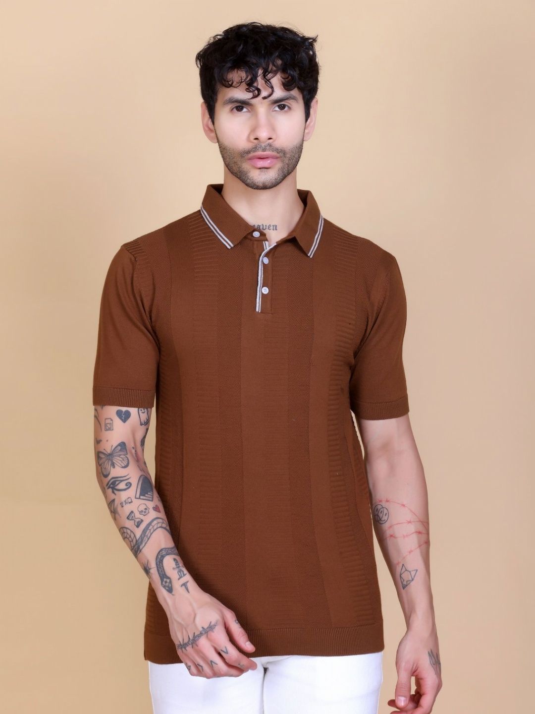 Dzant Self Design Polo Collar Neck Short Sleeves Organic Cotton T-shirt-image-25