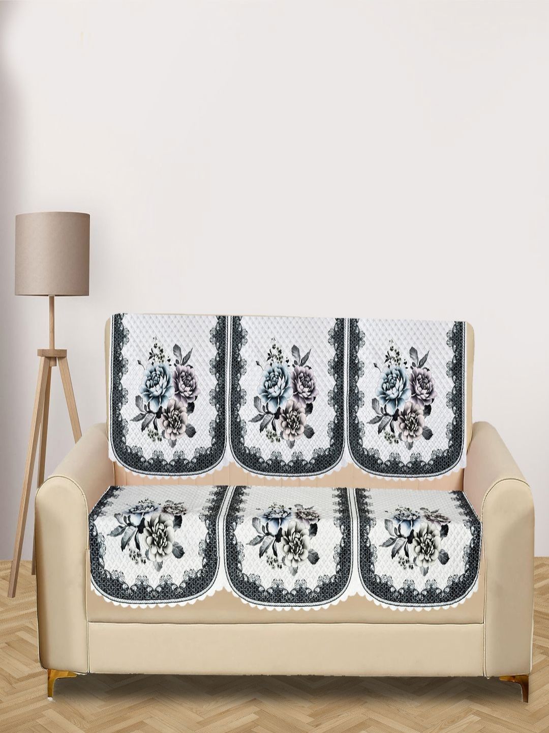Myntra Elegant Homes White & Blue 3 Pieces Printed 6 Seater Velvet Sofa Covers-image-15