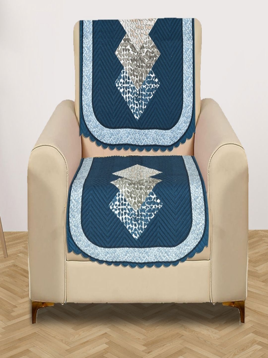 Myntra Elegant Homes Blue & Grey 1 Seater Printed Velvet Sofa Cover-image-21