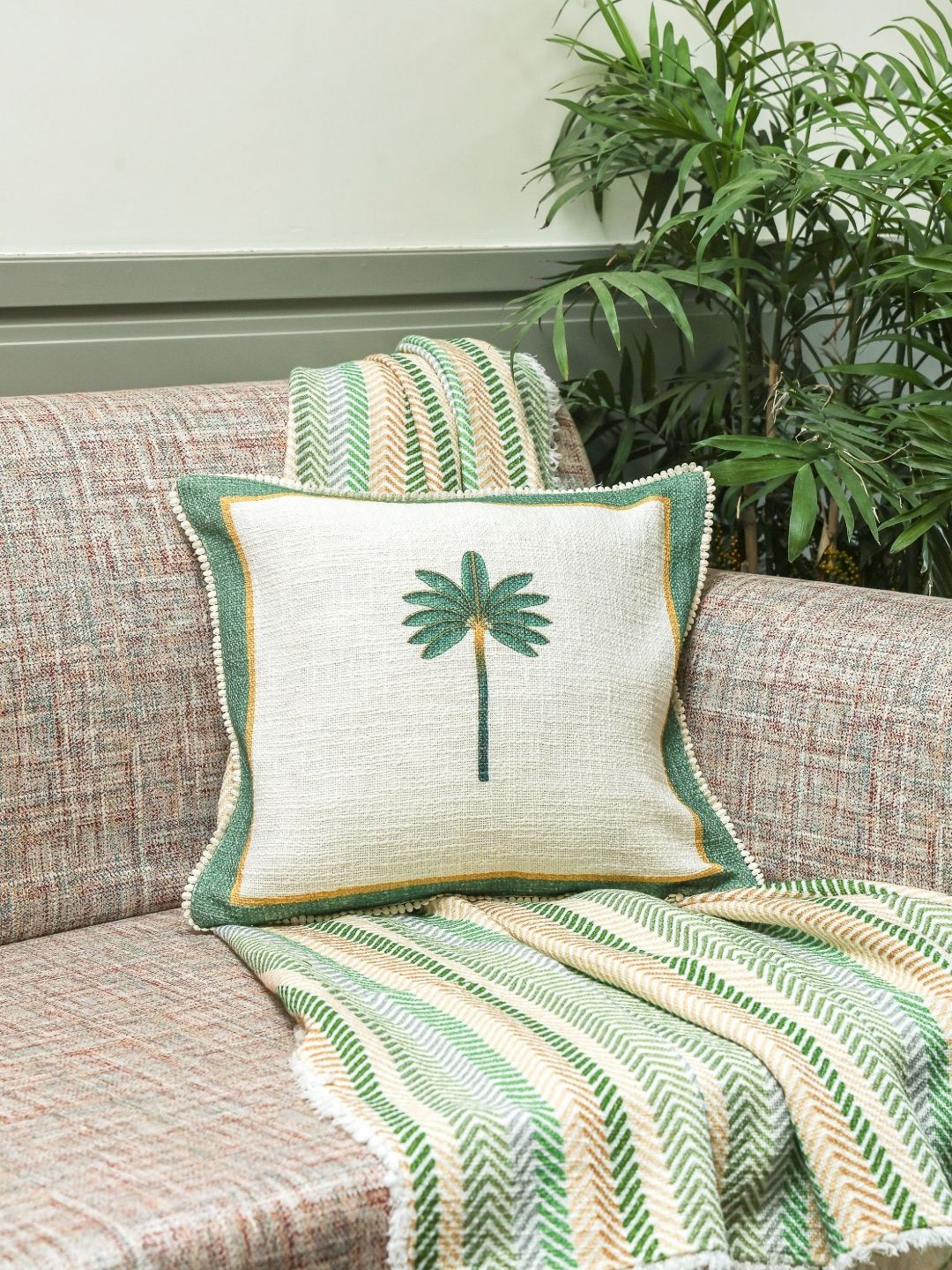 Crown of Poppies White & Green Palm Stories Printed Cotton Square Cushion Cover-picture-41