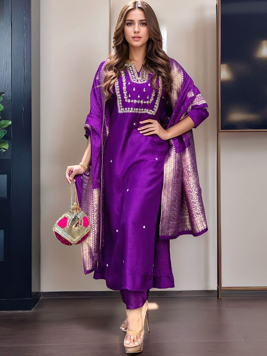 GoSriKi Floral Embroidered Beads And Stones Straight Kurta with Trousers & Dupatta