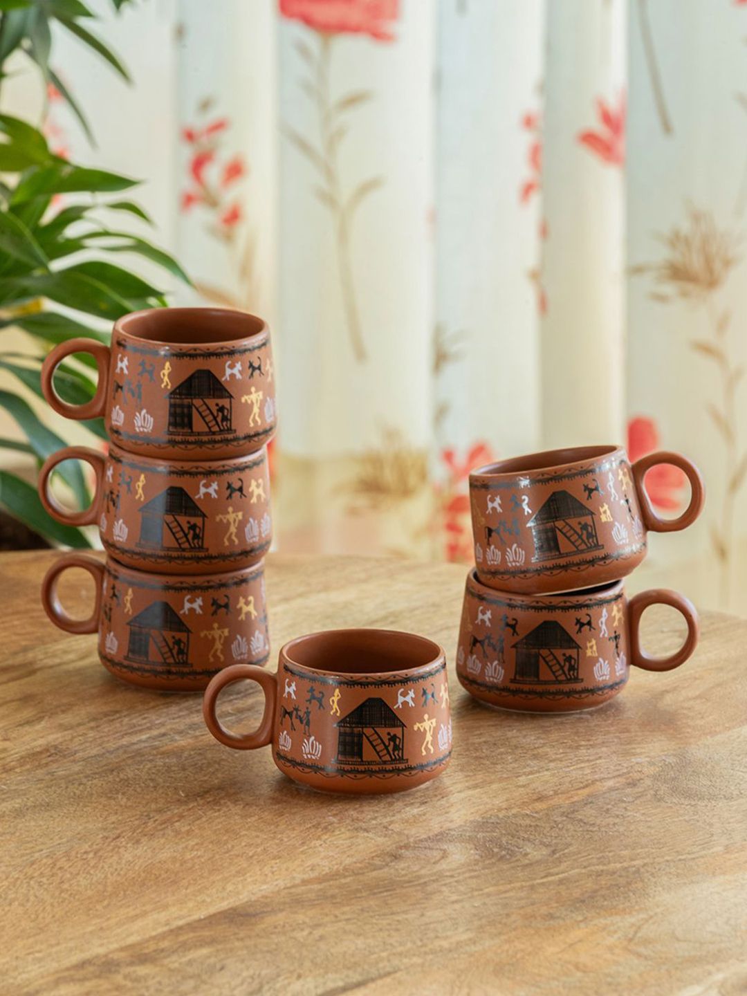 ExclusiveLane Coffee Brown & White Handcrafted Printed Ceramic Glossy Cups Set of Cups and Mugs