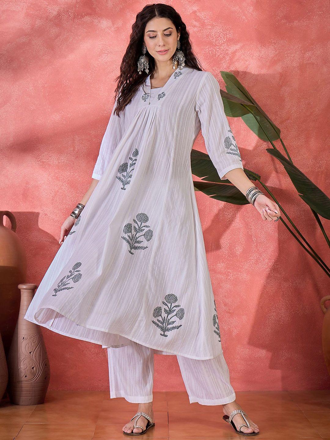 Sangria Block Printed Pure Cotton V-Neck A-Line Kurta & Trousers