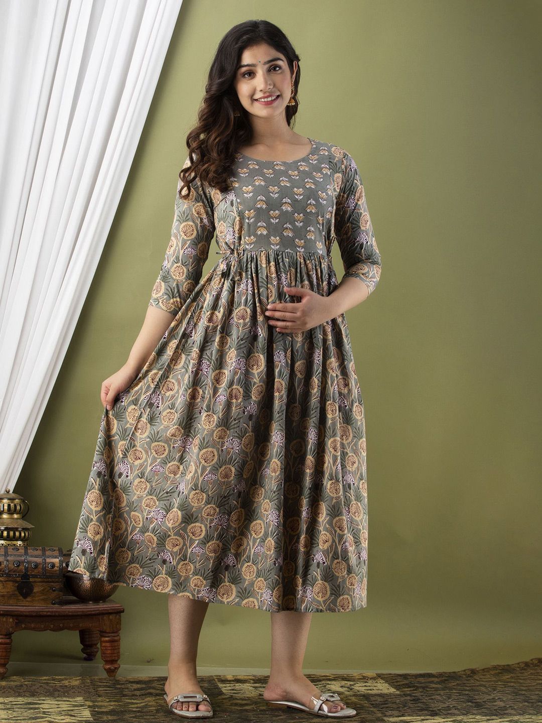 Tulsiram Women Printed Cotton Flared Midi Maternity Ethnic Dress-image-16