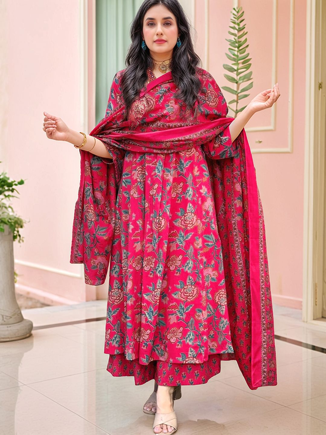 GoSriKi Floral Printed V-Neck Anarkali Kurta With Palazzos & Dupatta