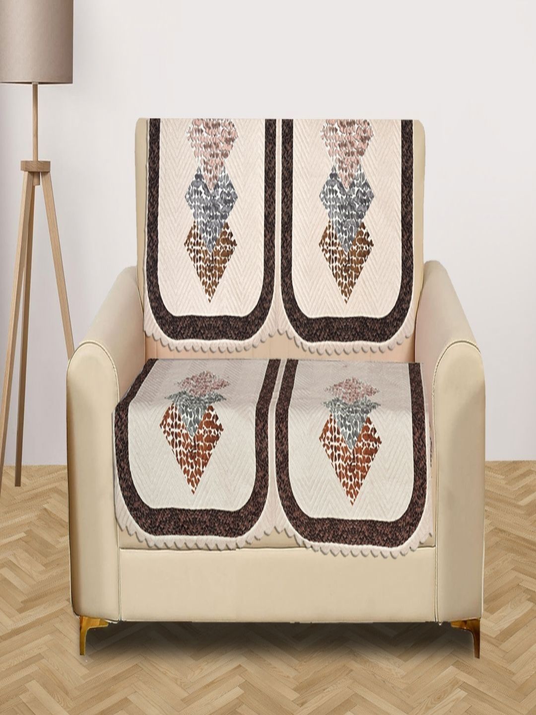 Myntra Elegant Homes Cream-Coloured & Grey 4 Pieces Printed 2 Seater Velvet Sofa Cover-picture-26