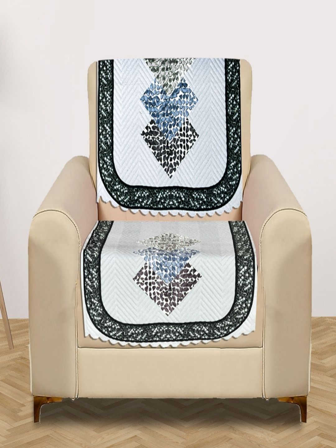 Myntra Elegant Homes White & Blue 1 Seater Printed Velvet Sofa Cover-image-22