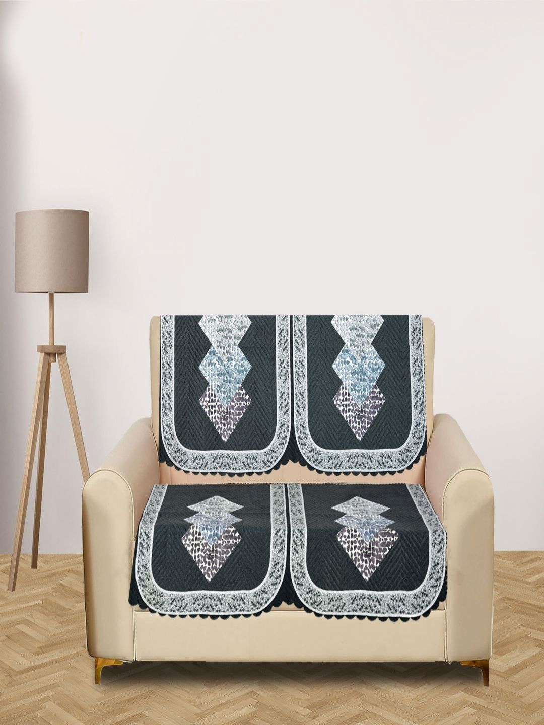 Myntra Elegant Homes Grey & Blue 4 Pieces Printed 2 Seater Velvet Sofa Cover-picture-13