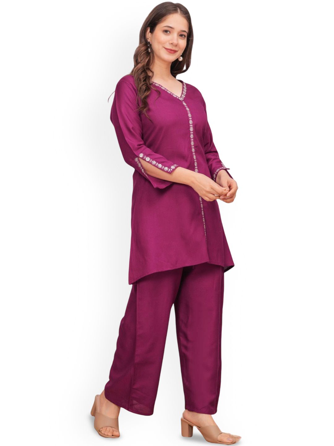 JALMALA Floral Embroidered V-Neck A-line Kurta With Trousers