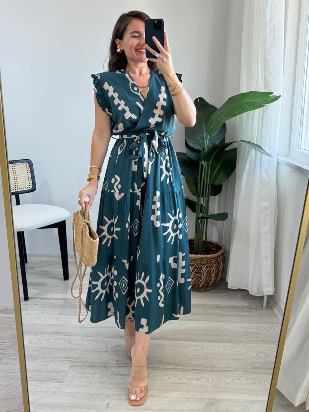 PIMU Women Geometric Print Tie-Ups Flutter Sleeves Wrap Maxi Dress-picture-3