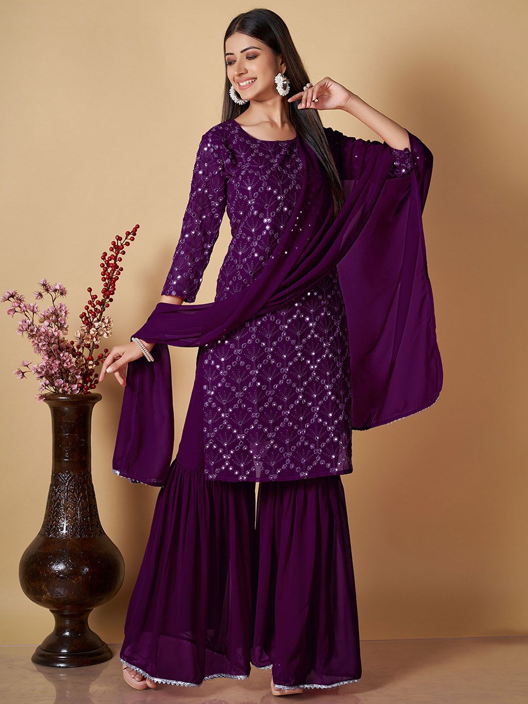 ZARIMO Women Quirky Embroidered Kurta with Sharara & Dupatta