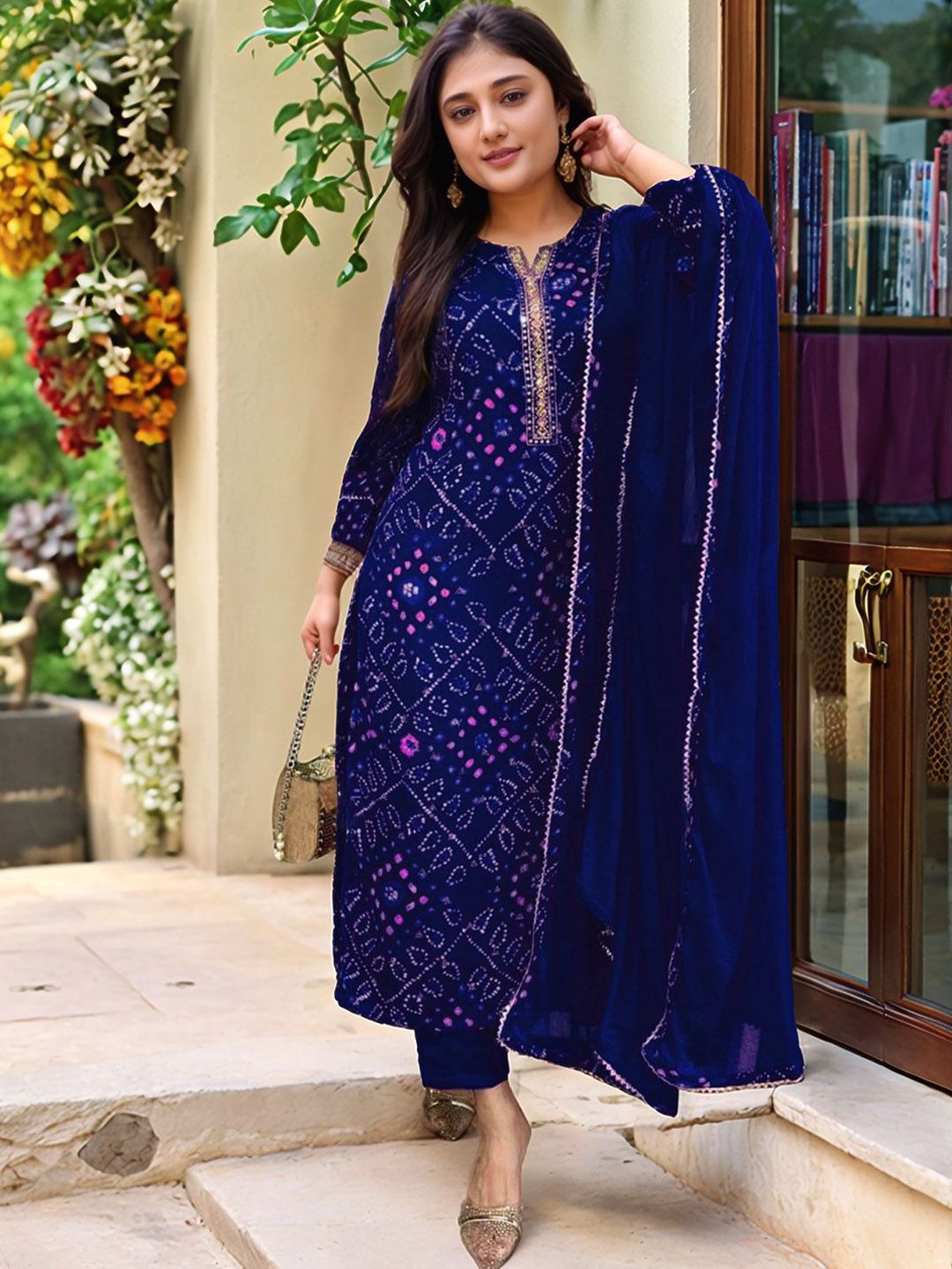 GoSriKi Ethnic Motifs Printed Mirror Work Straight Kurta with Trousers & Dupatta