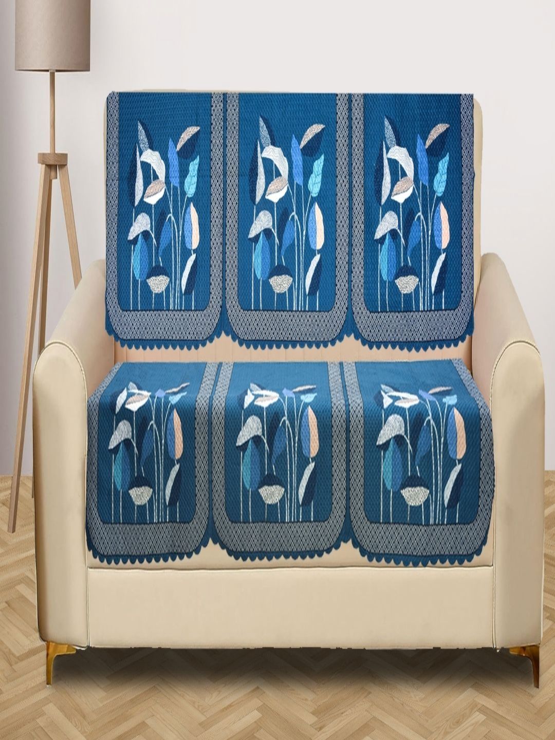 Myntra Elegant Homes Blue & White 6 Pieces Printed 3 Seater Velvet Sofa Covers-image-38