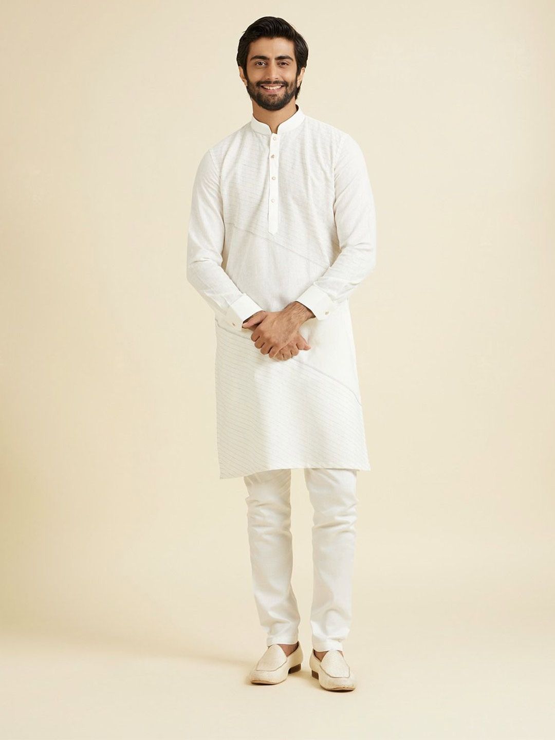 Manyavar Men Mandarin Collar Linen Kurta-picture-25
