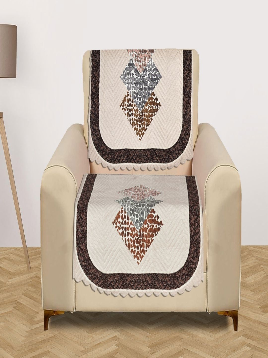 Myntra Elegant Homes Cream-Coloured & Grey 2 Piece Printed Velvet Sofa Cover-picture-27