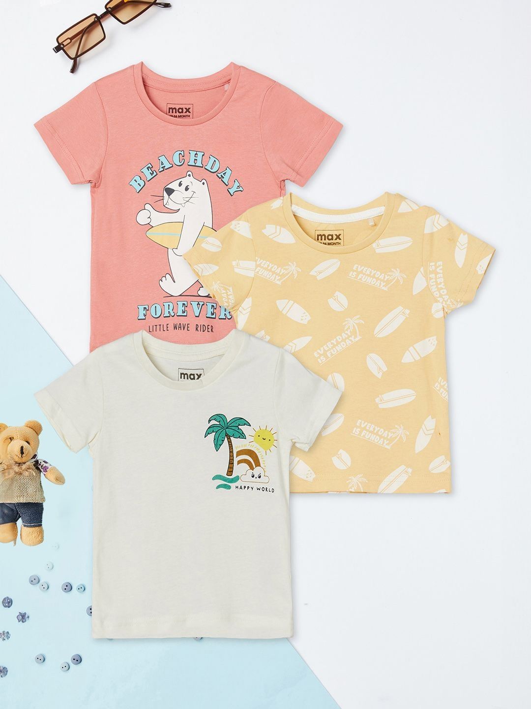 max Boys Pack of 3 Graphic Printed Round Neck Pure cotton T-shirt-picture-30