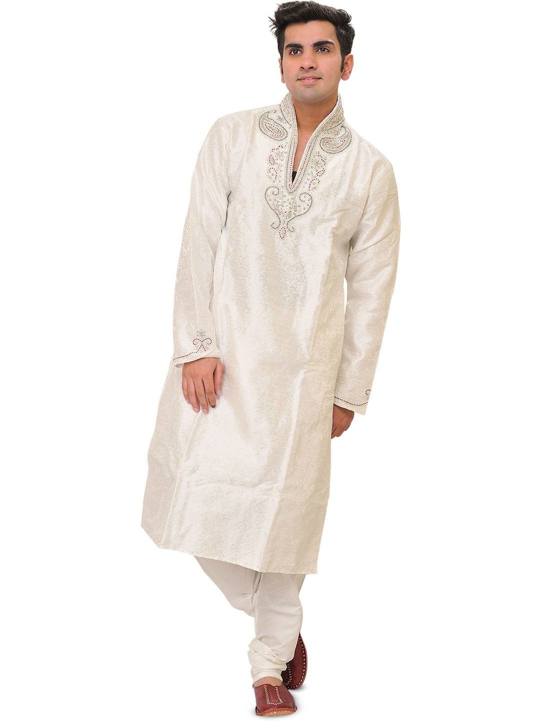 Exotic India Men Floral Embroidered Regular Beads and Stones Kurta with Pyjamas-picture-15