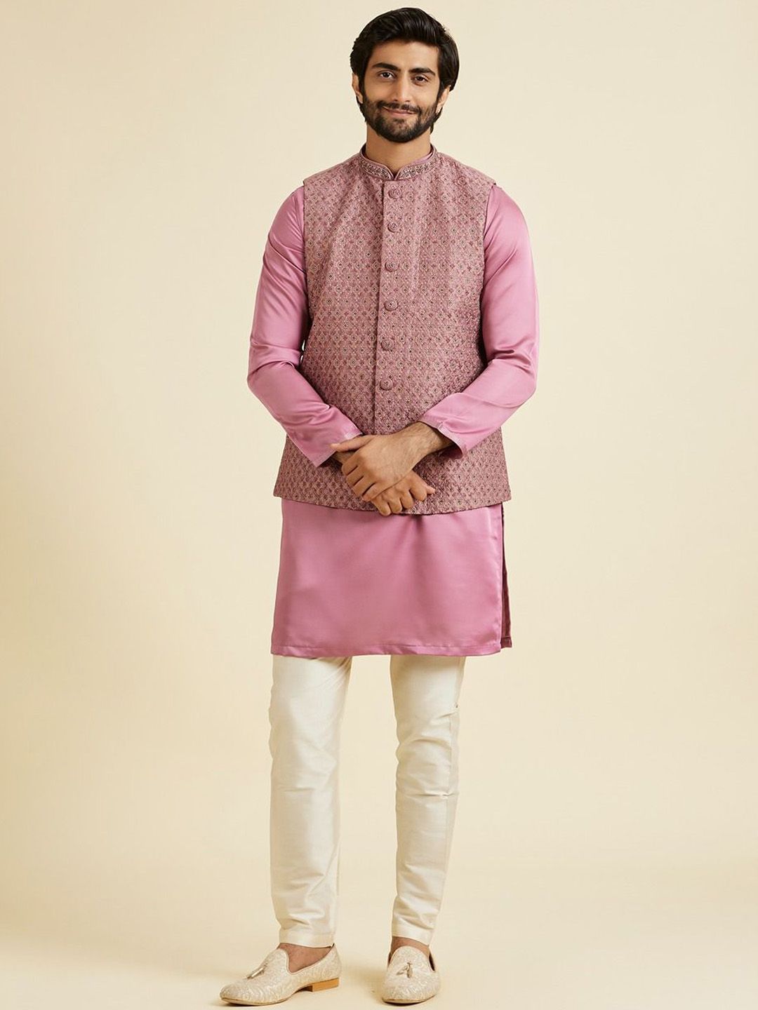 Manyavar Embroidered Mandarin Collar Nehru Jacket-image-7