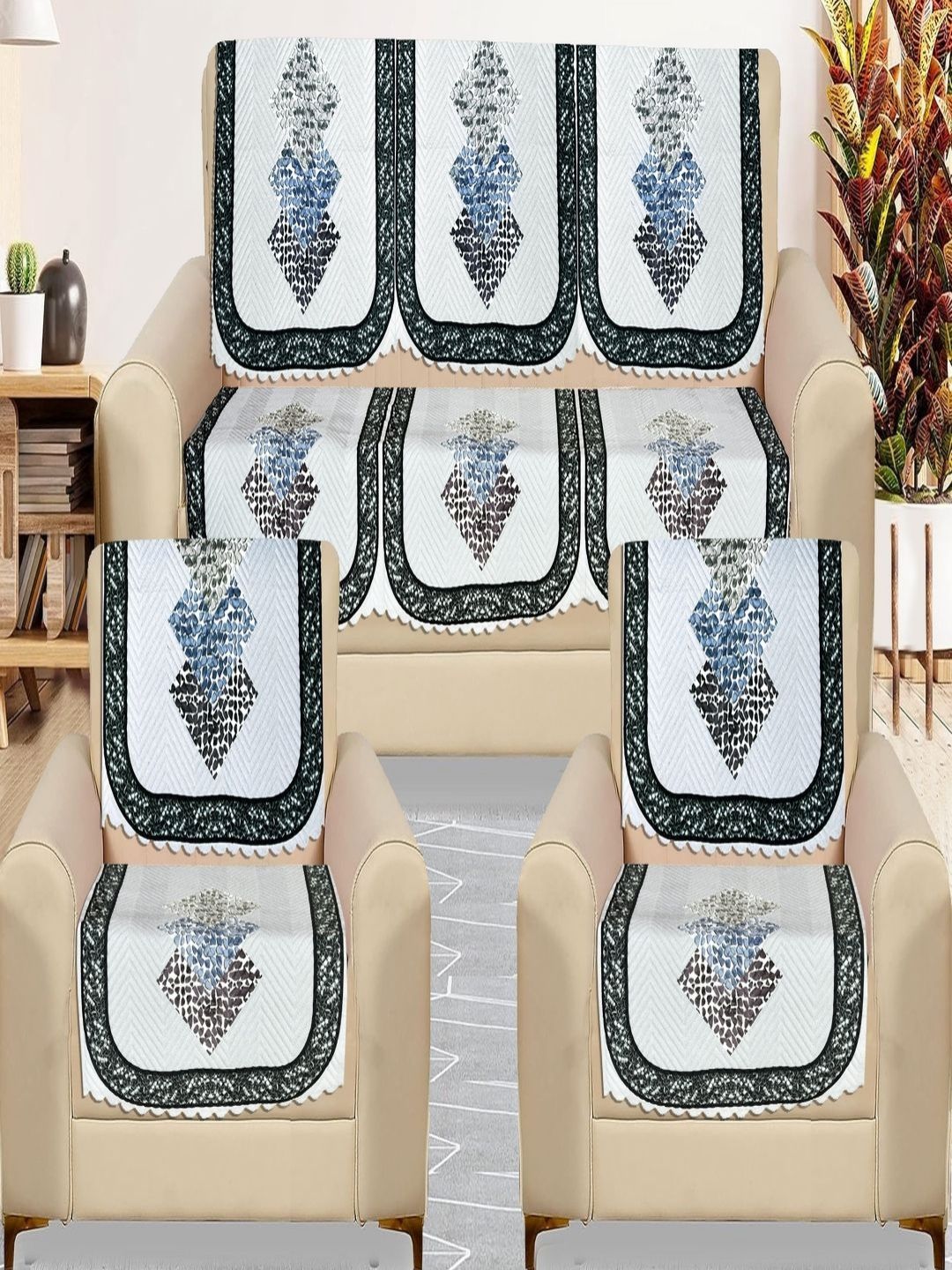 Myntra Elegant Homes White & Blue 5 Seater Printed Velvet Sofa Cover-picture-36