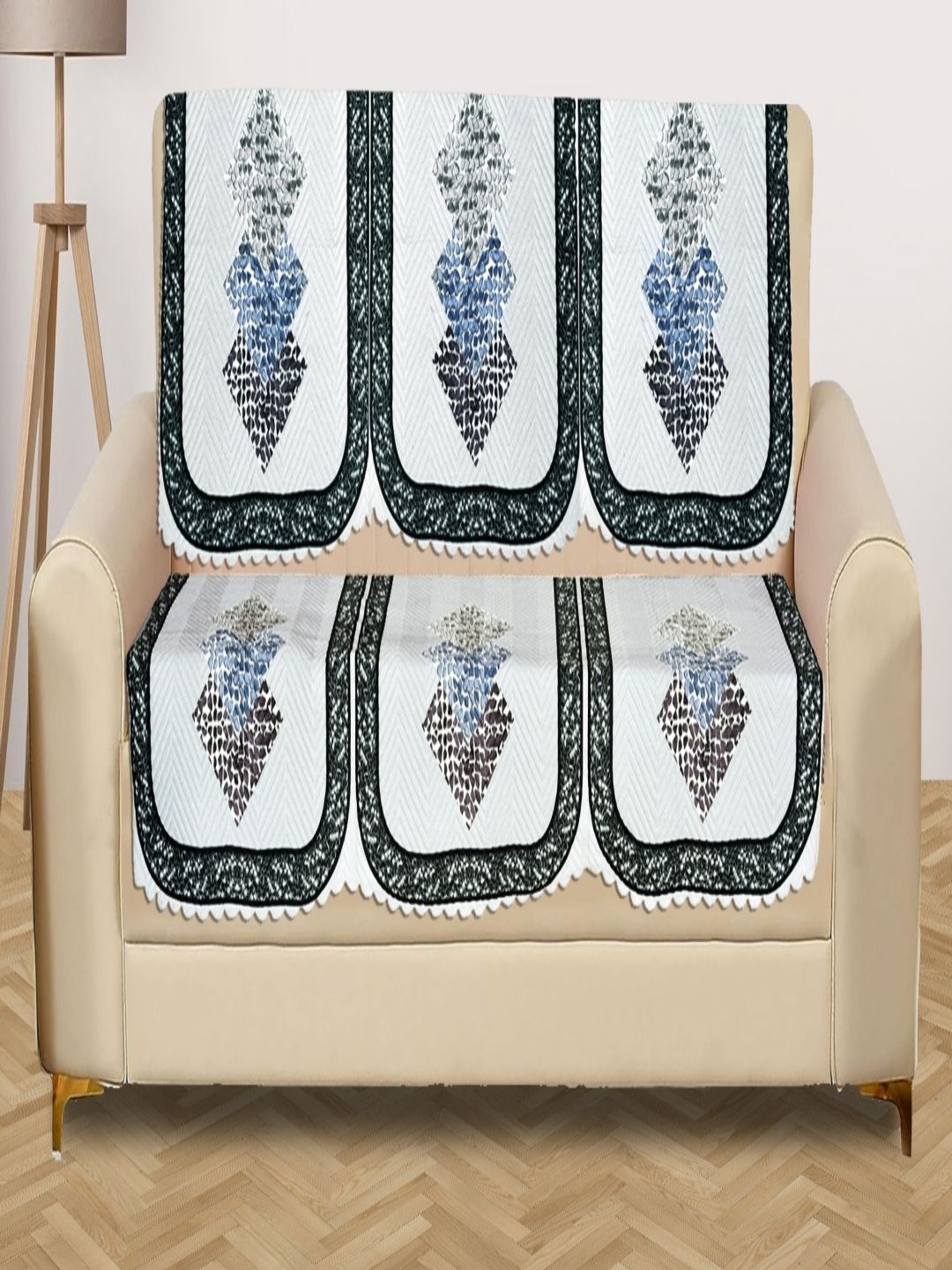 Myntra Elegant Homes White & Blue 3 Seater Printed Velvet Sofa Cover-image-26