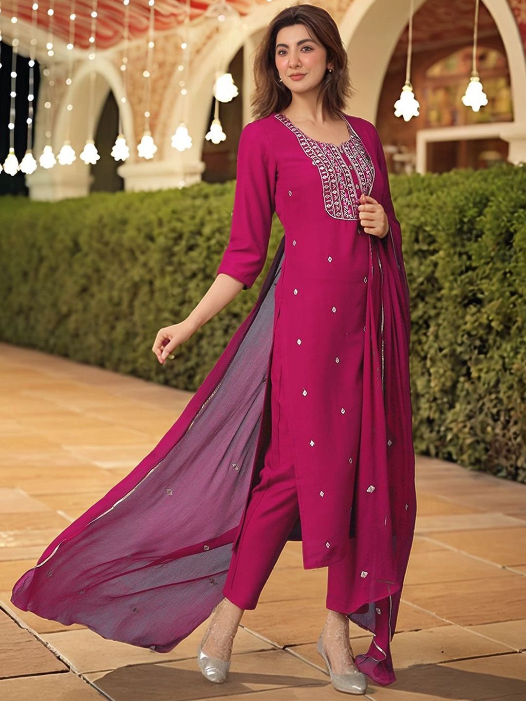 GoSriKi Women Ethnic Motifs Embroidered Kurta with Trousers & Dupatta