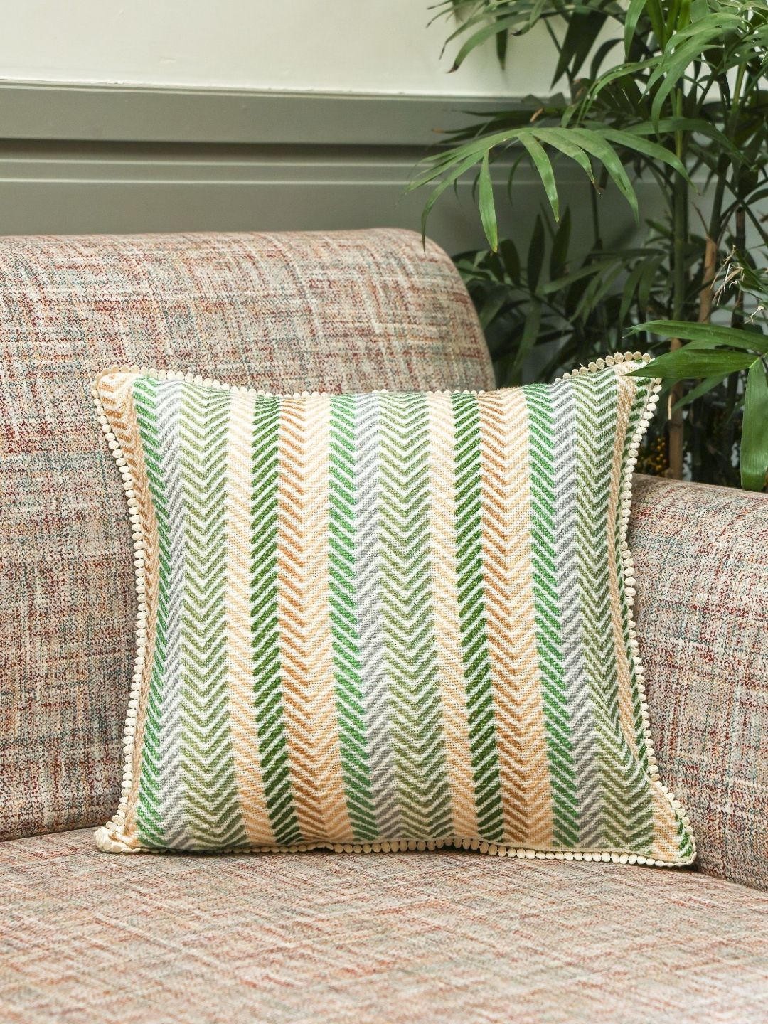 Crown of Poppies Beige & Green Palm Stories Chevron Printed Cotton Square Cushion Cover-picture-21