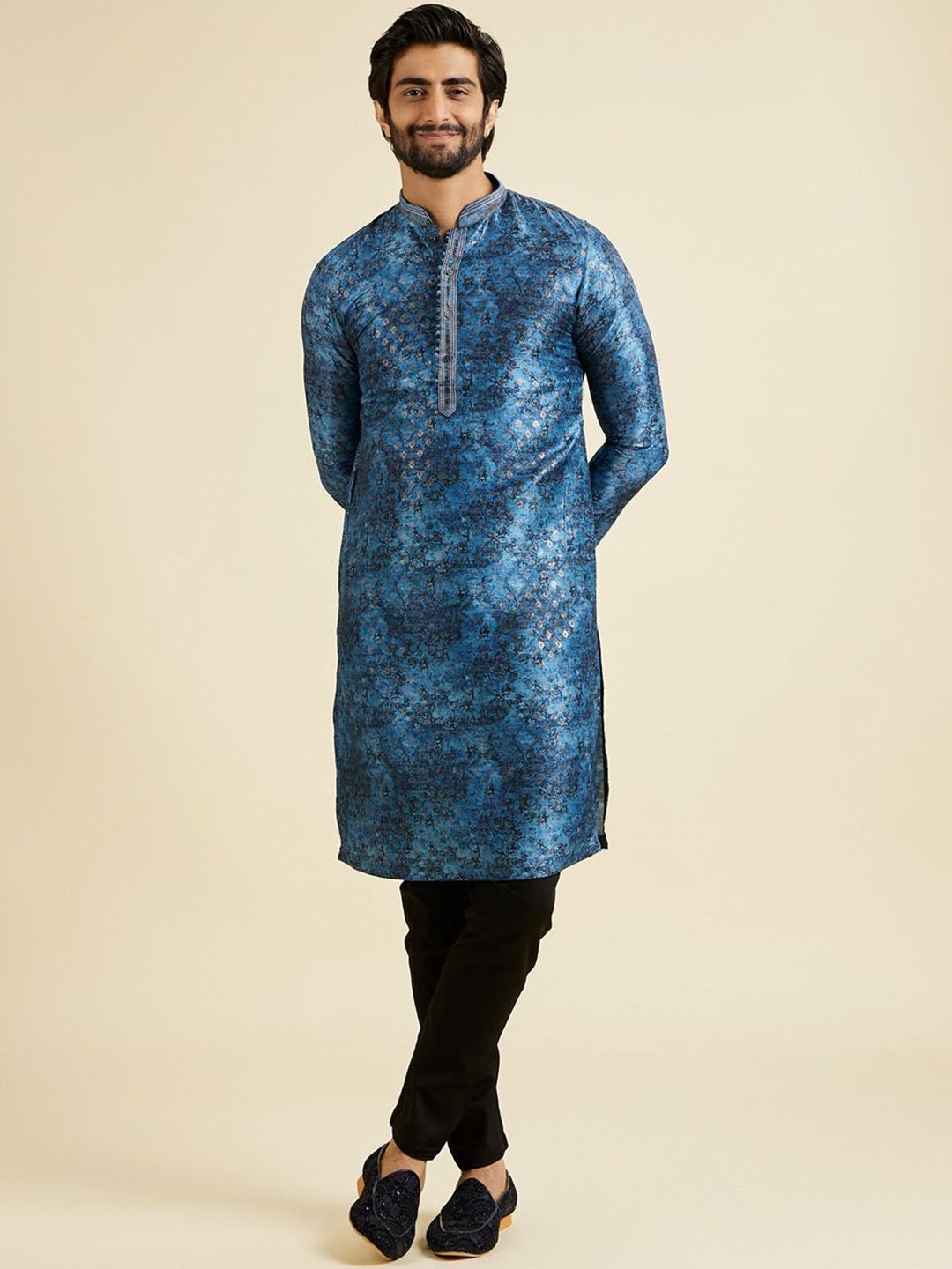 Manyavar Floral Embroidered Mandarin Collar Art Silk Kurta With Pyjamas-picture-28