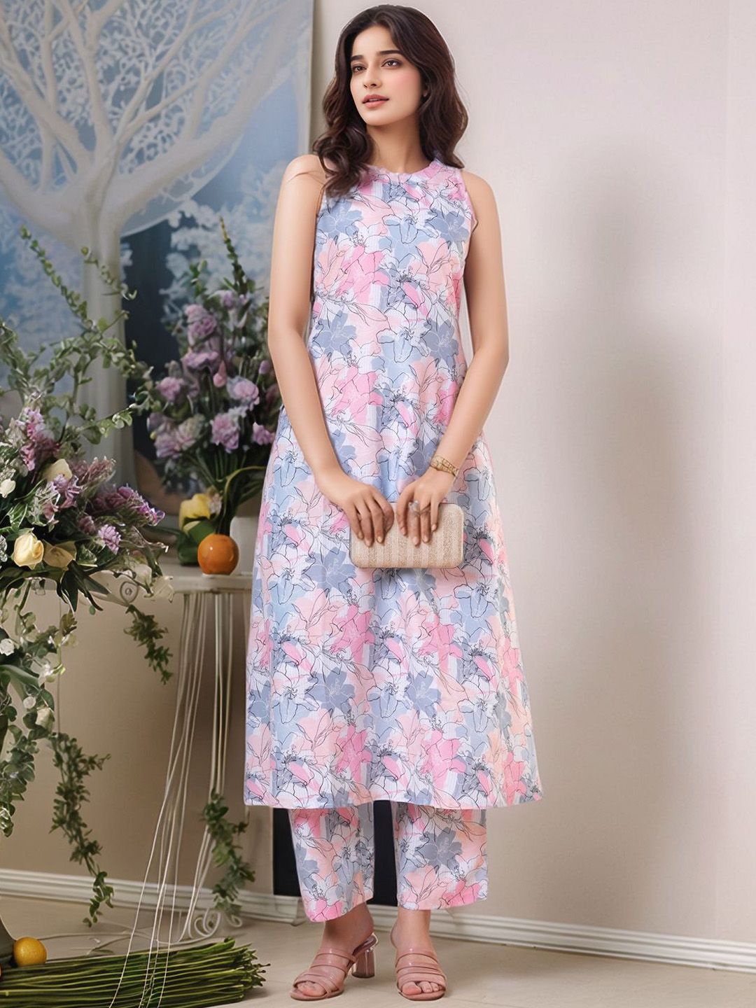 GoSriKi Floral Printed Round Neck A-line Kurta & Palazzos