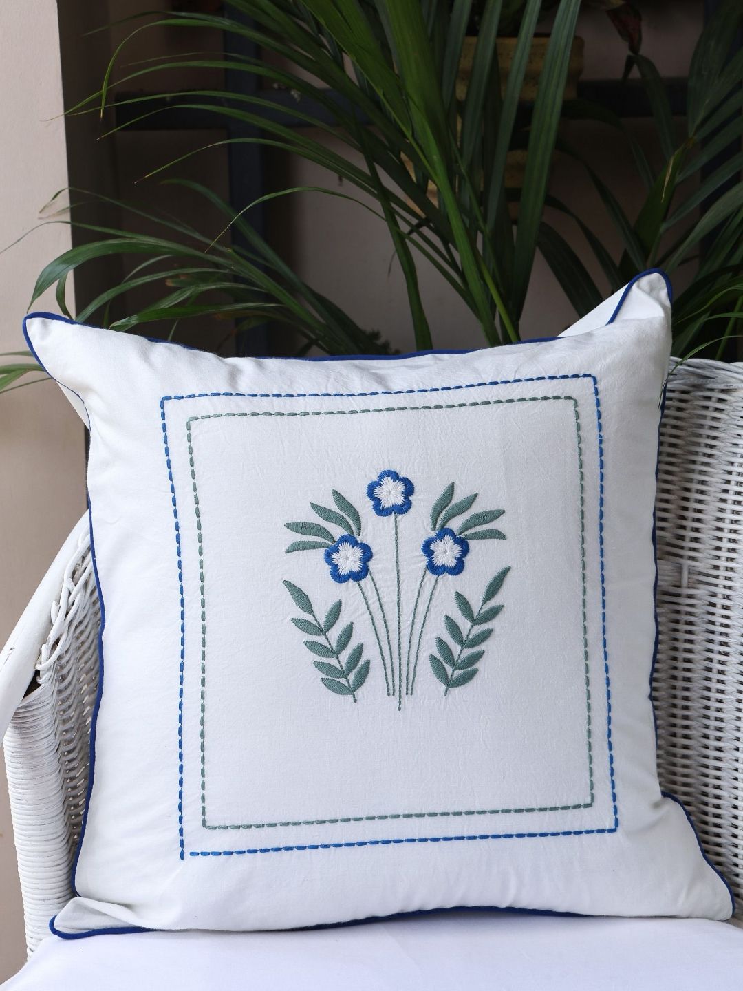 Crown of Poppies Coastal Essence White & Blue Floral Embroidered Square Cushion Cover-picture-26