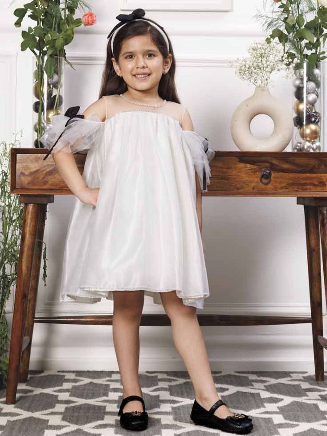 The Lush Affair Girls Solid Off-Shoulder Net A-Line Regular Dress-image-38