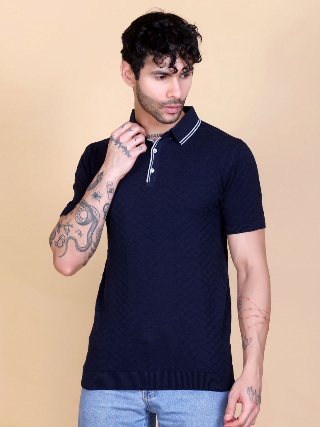 Dzant Self Design Polo Collar Neck Short Sleeves Organic Cotton T-shirt-image-12