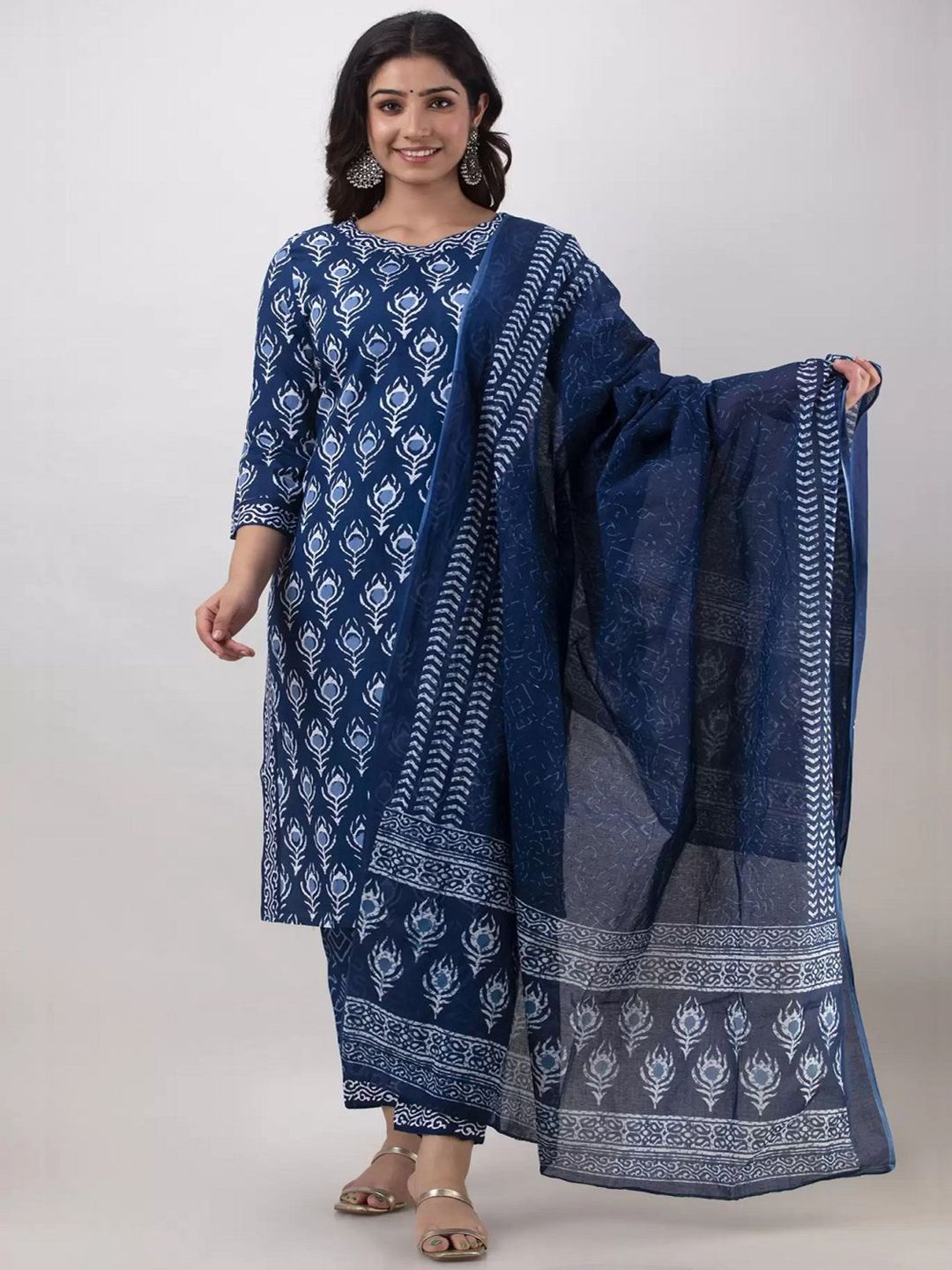 Anouk Rustic Ethnic Motifs Printed Round Neck Straight Kurta with Trousers & Dupatta