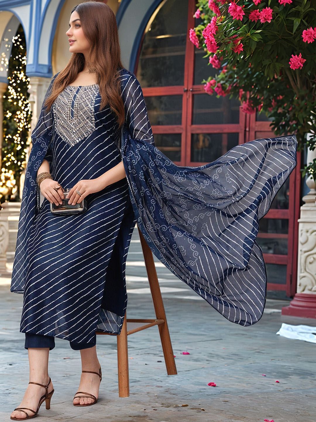 GoSriKi Women Striped Embroidered Thread Work Kurta Set With Dupatta