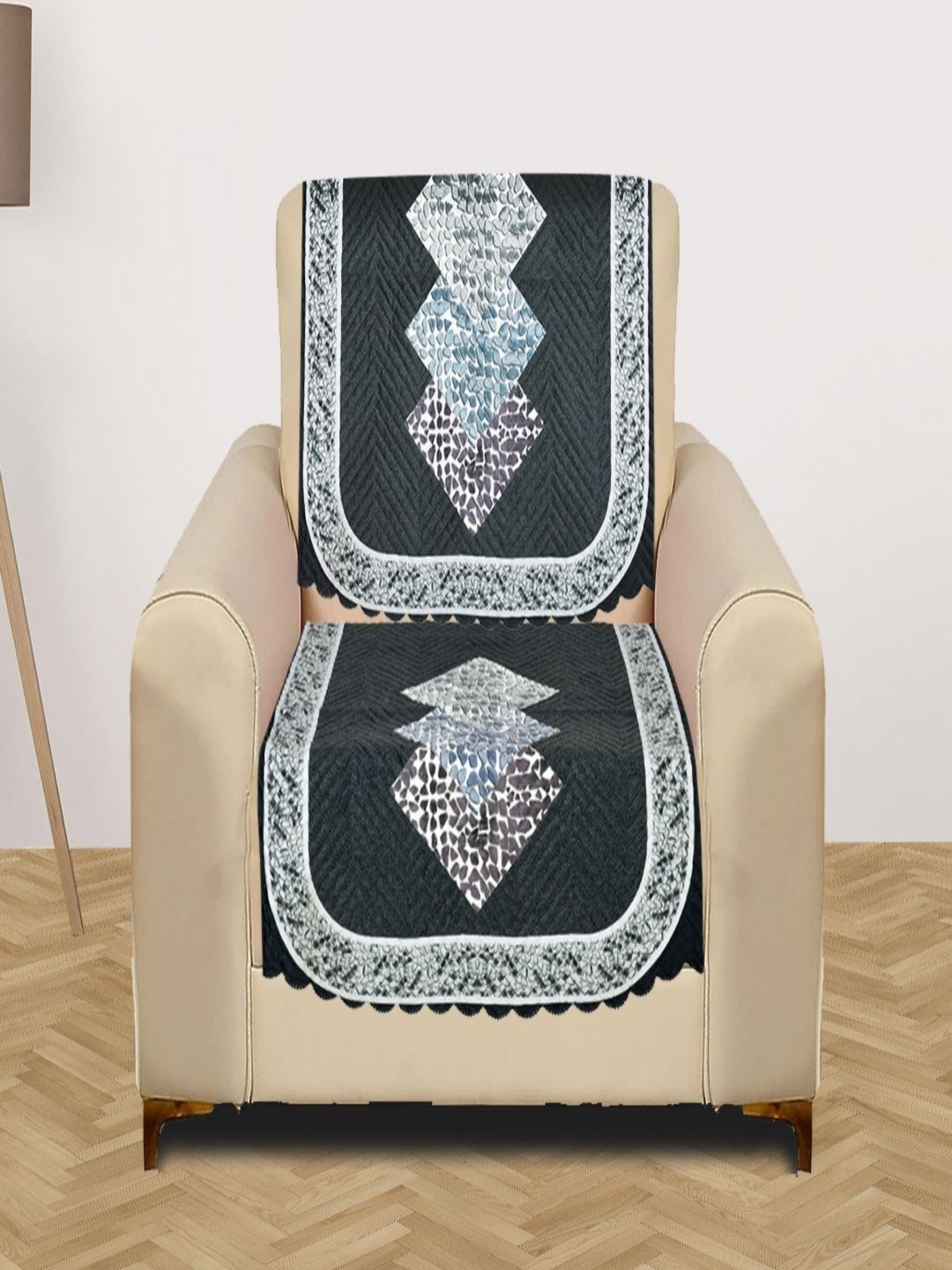 Myntra Elegant Homes Grey & Blue 2 Pieces Printed 1 Seater Velvet Sofa Covers-picture-18