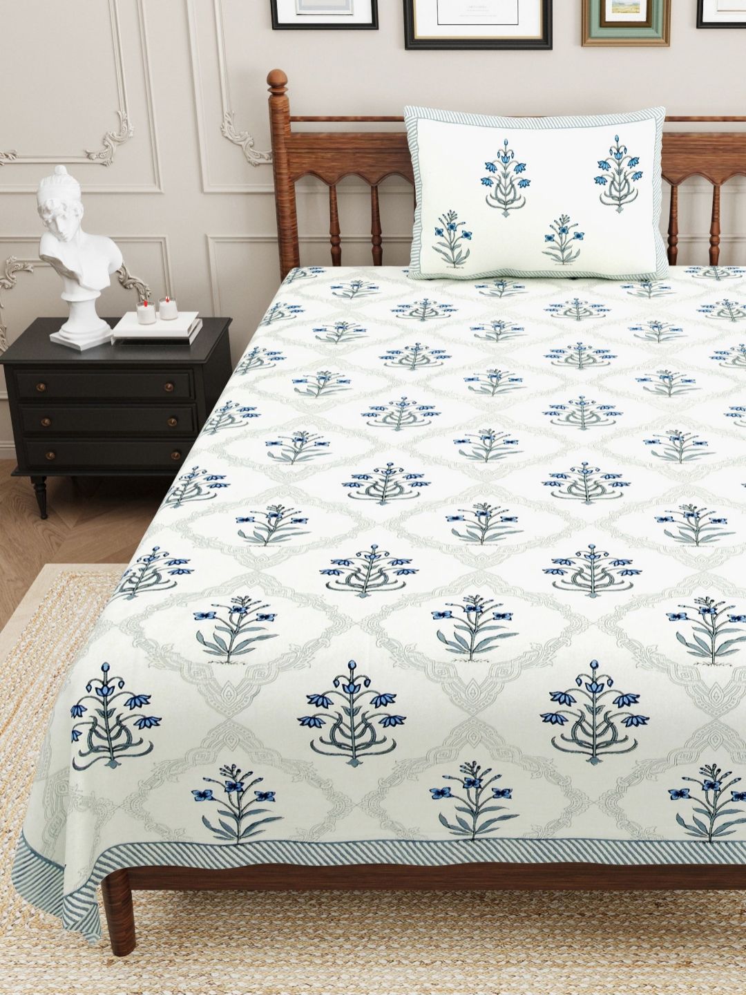 Urban Jaipur White & Blue Ethnic Motifs Cotton 210TC Double King Bedsheet Set-2.74mx2.28m