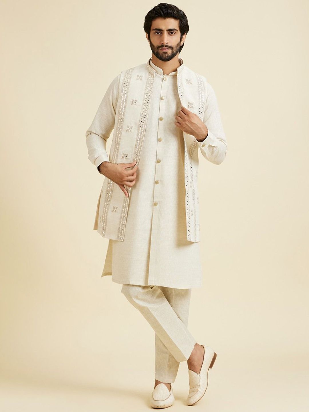 Manyavar Floral Embroidered Mandarin Collar Mirror Work Linen Kurta With Churidar & Jacket-picture-30
