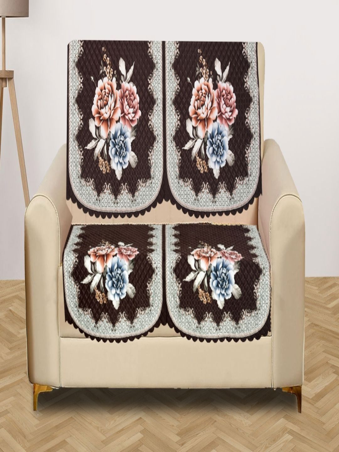 Myntra Elegant Homes Brown & Blue 4 Pieces Printed 2 Seater Velvet Sofa Cover-picture-36