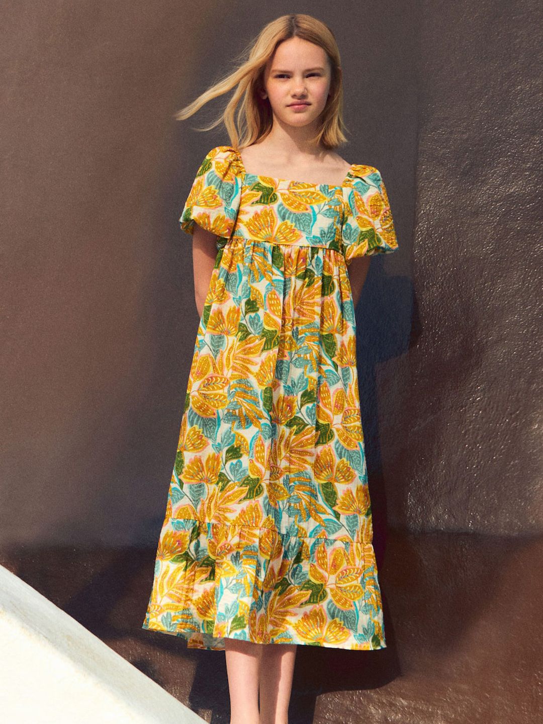 Mango Kids Girls Floral Print Puff Sleeve A-Line Midi Dress-picture-13
