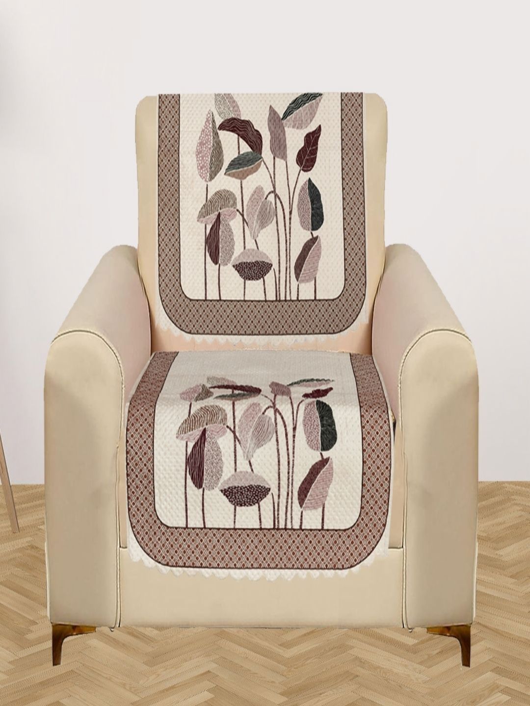 Myntra Elegant Homes Cream-Coloured & Brown 2 Pieces Printed 1 Seater Velvet Sofa Cover-picture-15