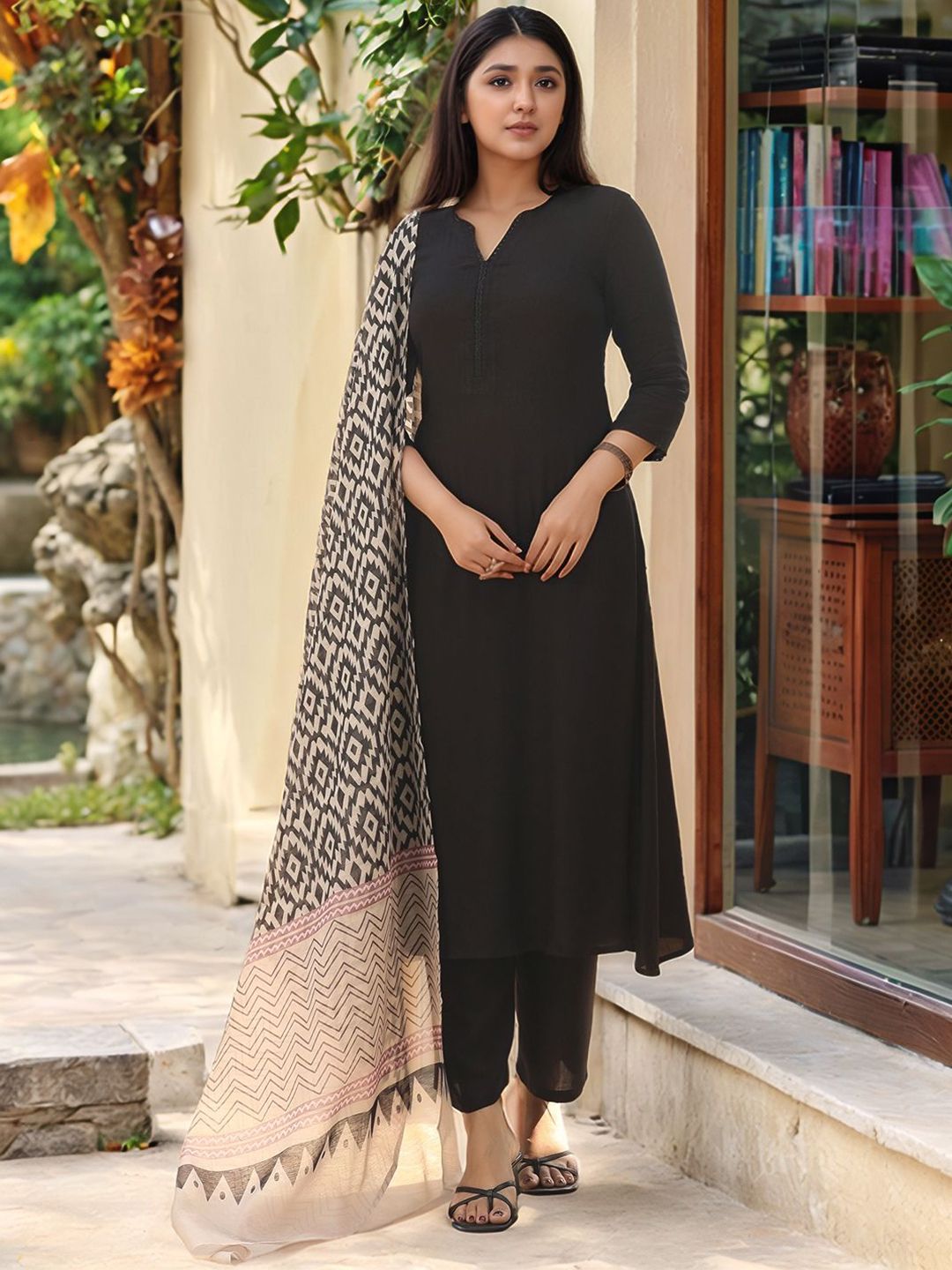 GoSriKi Notch Neck Straight Kurta with Palazzos & Dupatta