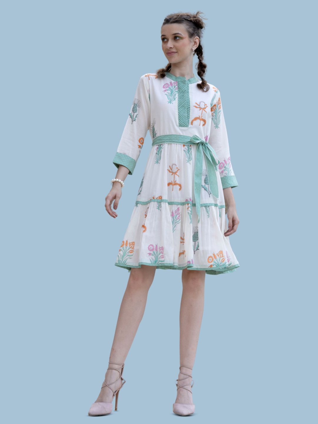 Kaftanize Women Ivory Color Multi Bold Floral Printed Fit and flare Dress In Cotton Voile-image-7